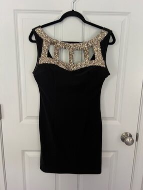 Fashionomics Black Mini Dress with Gold Sequin Yoke